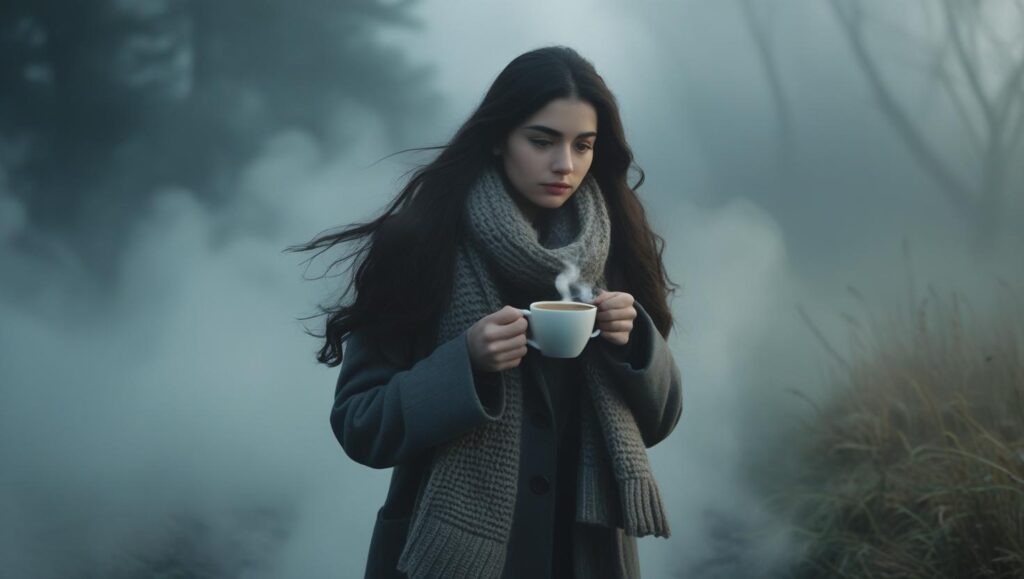 A young woman walks slowly through the fog with a cup of coffee video